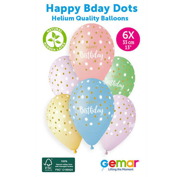 Happy Birthday Golden Dots Latex Party Balloons 6pk