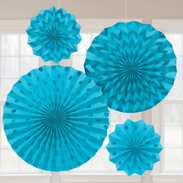 Caribbean Blue Glitter Paper Fans 4pk